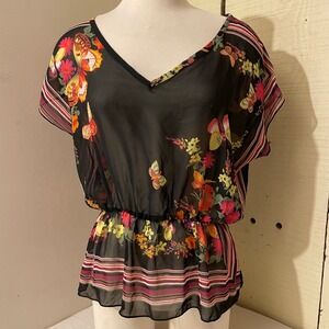 Floral Butterfly Print Top E-Klah Womens Medium Black Sheer Blouse‎ Summer Cute
